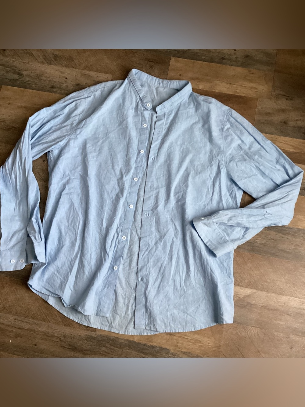 Men's sky Blue Linen Band-Collar Shirt